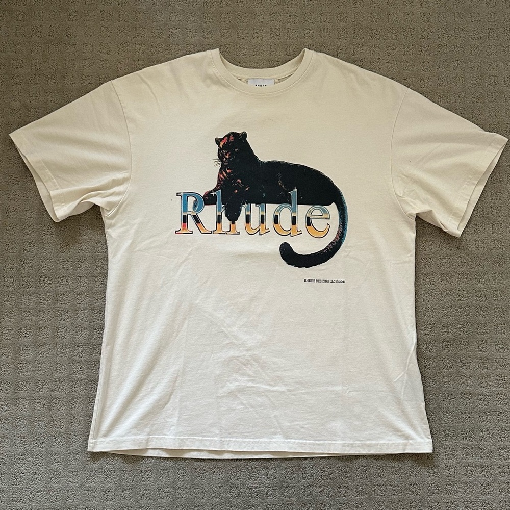 Rhude Cream Short Sleeve Tee with Black Panther Graphic